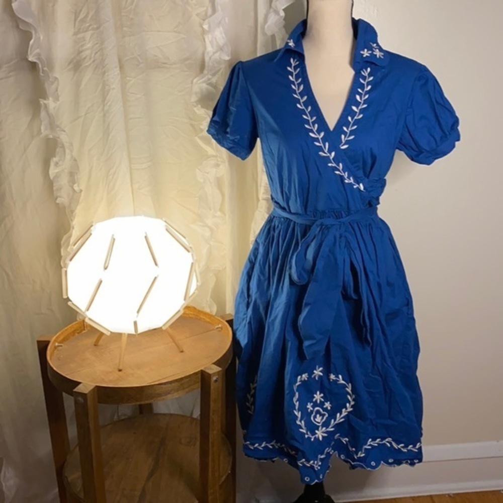 D2 Faux‎ Wrap Embroidery Detail Blue Dress Size L